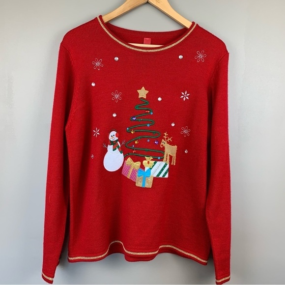 Ugly Holiday Party Sweater Womens Size Large Red Snowman Knit Christmas Fun - Picture 1 of 7
